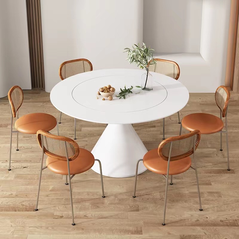 Mesa de comedor redonda de roca blanca pura, mesa redonda negra moderna simple, mesa giratoria doméstica incrustada, mesa de comedor pequeña