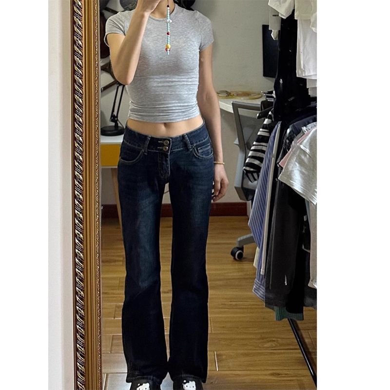 American Retro Low-Waist Flared Jeans for Women Y2K Millennial Slim Fit Stretchy Floor-Length Bell-Bottom Pants
