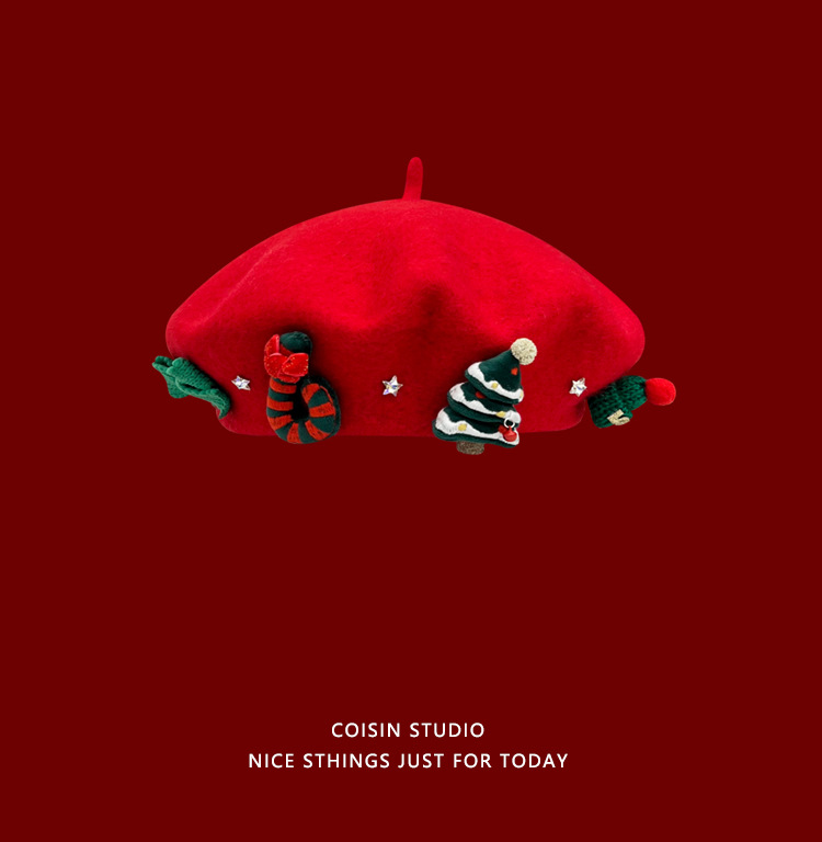Navidad atmósfera boina Otoño e Invierno japonés dulce rojo boina versátil retro pintor sombrero