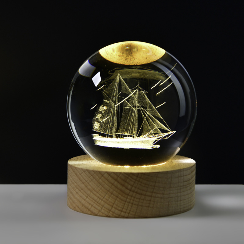木質発光台座3d内彫刻水晶玉銀河太陽系創意デスクトップ小夜灯置物祝日プレゼント|undefined