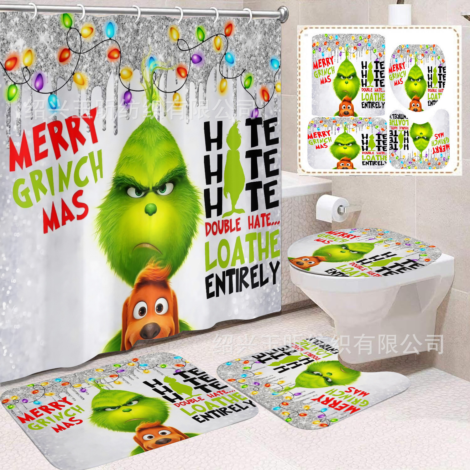 Tela de cortina de ducha transfronteriza, cortina de ducha impermeable, alfombra antideslizante de baño, juego de Grinch 4 de pelo verde al por mayor, sin perforación