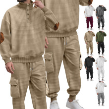 跨境欧美亚马逊针织小方格长裤系扣卫衣套装运动商务两件套冬季