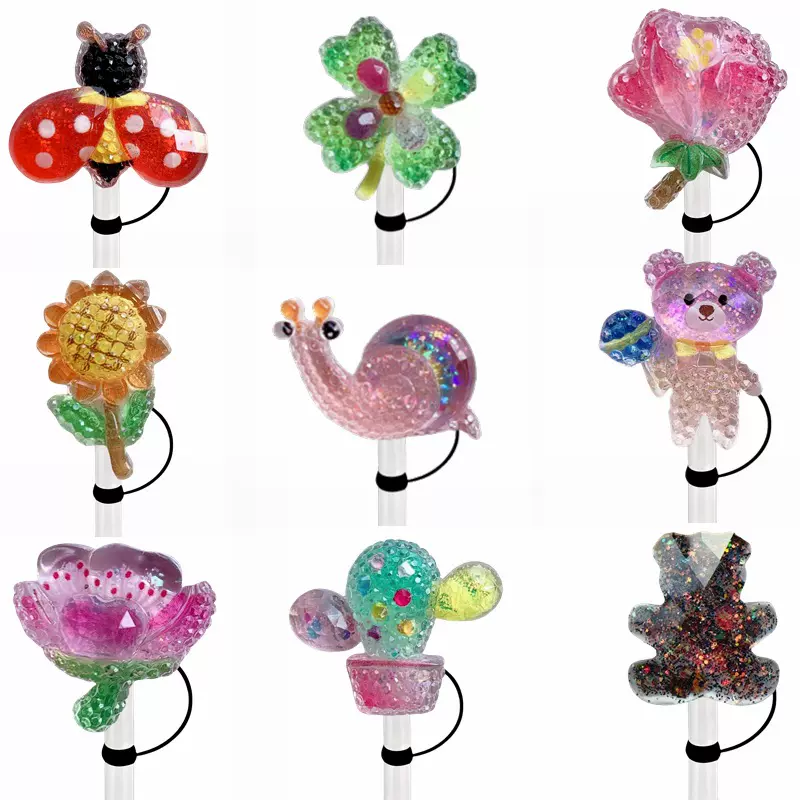 树脂吸管帽玫瑰蝴蝶diy饰品配件手工高透色亮闪粉卡通AB胶吸管套