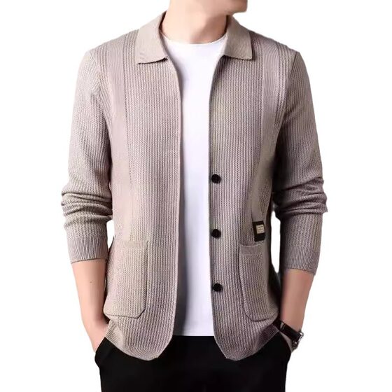 New Long Sleeve Knitted Cardigan Men's Spring and Autumn Simple Fashion All-match Casual Top Fashionable Lapel Jacket