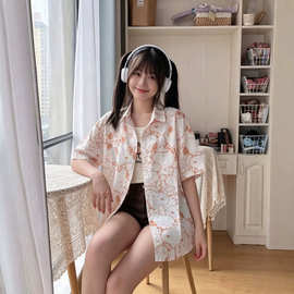 日系软妹史努比印花短袖衬衫女夏季宽松慵懒风休闲百搭开衫外套潮