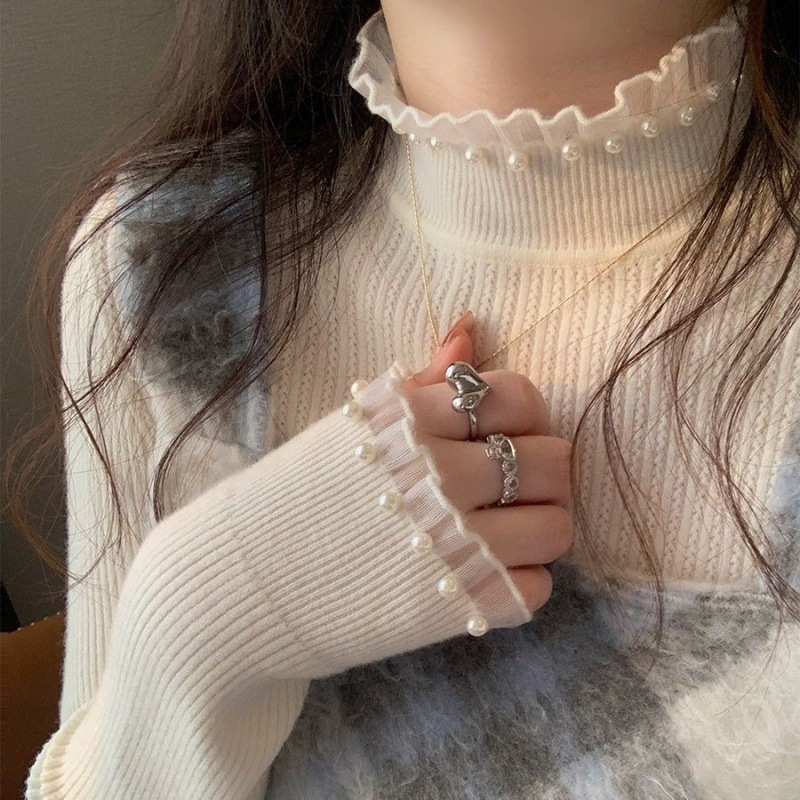 新中国式小真珠半高襟セーター秋冬デザイン感修身レースの底のシャツの女性の中にニットの長袖を掛けます。