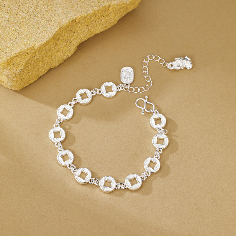 Silver Meinafu Coin Bracelet New Chinese Style Fortune Bracelet Retro Exquisite National Style Light Luxury Gift for Best Friend or Girlfriend