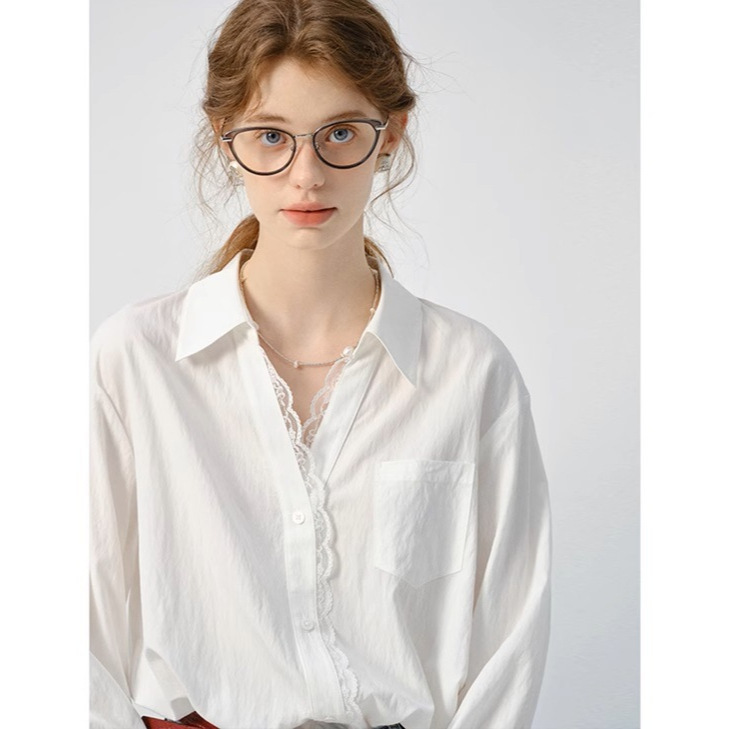 White Shirt Women's Long Sleeve 2025 Spring New Ouruo Style Lace Loose Top