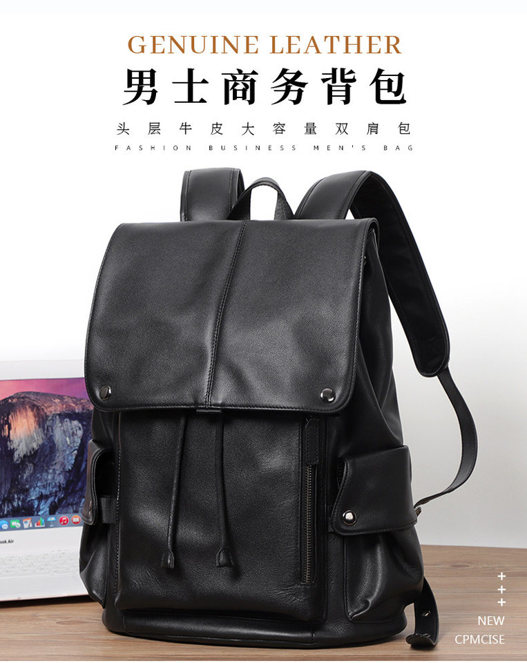 Ba lô da bò thật cho nam, kiểu dáng thời trang, đựng laptop 14 inch, dung tích 36–55L — Màu đen chi tiết 1