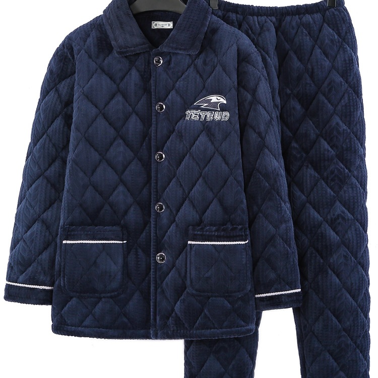 睡衣男士冬季加厚加绒爸爸三层棉袄珊瑚绒保暖中老年人家居服套装