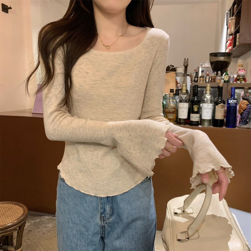 小个子木耳边喇叭袖长袖t恤上衣女秋季新款甜美风方领修身打底衫|undefined