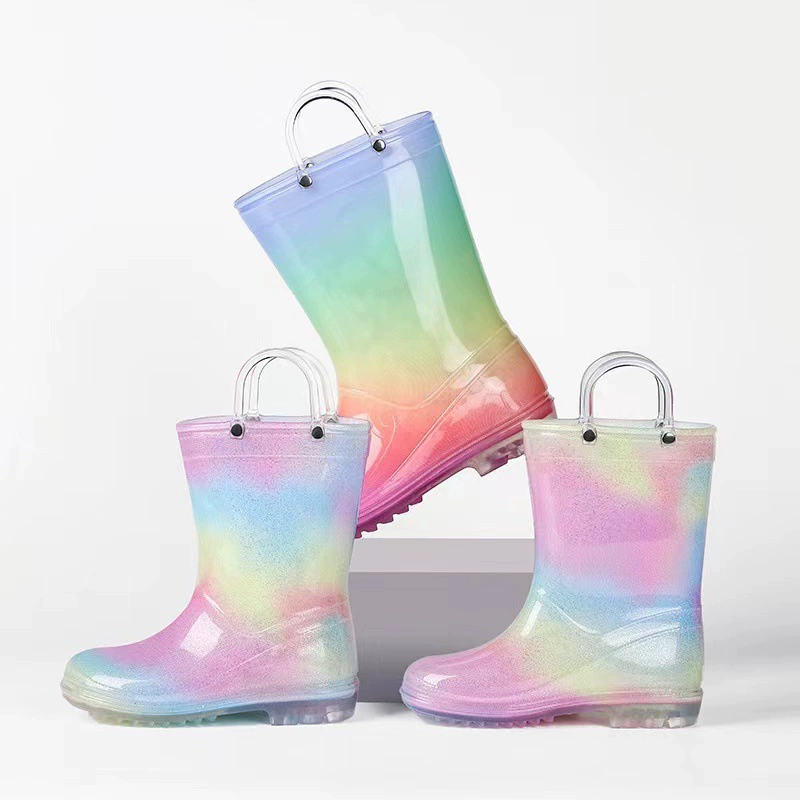 Детские резиновые сапоги Export Rainbow Princess для девочек начальной школы и детского сада, нескользящие резиновые сапоги до середины икры для всех сезонов, обувь для воды с кристаллами