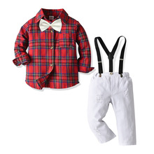 新款欧美跨境童装红格子长袖白色破洞长裤背带领结绅士套装四件套