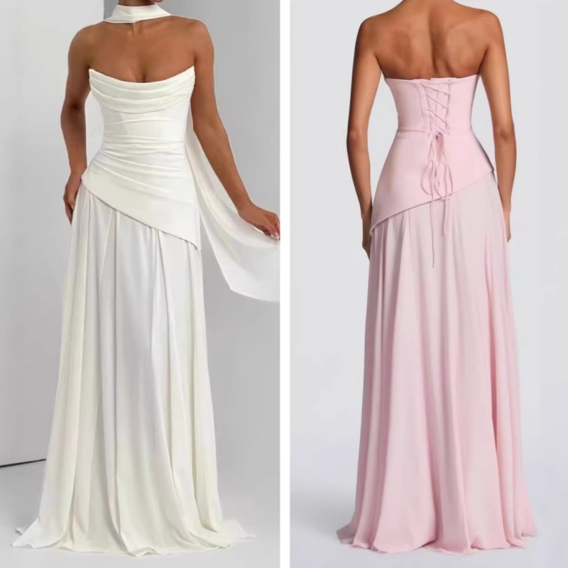 French-Style Elegant Dress with Back Tie, Waist Cinching, Irregular Drape, Ribbon Embellishments, and a High-End Strapless Gown French-Style Elegant Dress with Back Tie, Waist Cinching, Irregular Drape, Ribbon Embellishments, and a High-End Strapless Gown