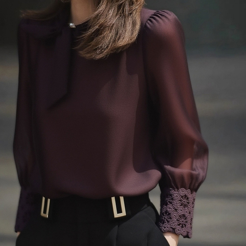 Dark Purple Long-Sleeved Shirt Tops for Women 2025 Autumn New Style High-End Accessible Luxury Age-Reducing Foreign Style Important Occasion Shirt