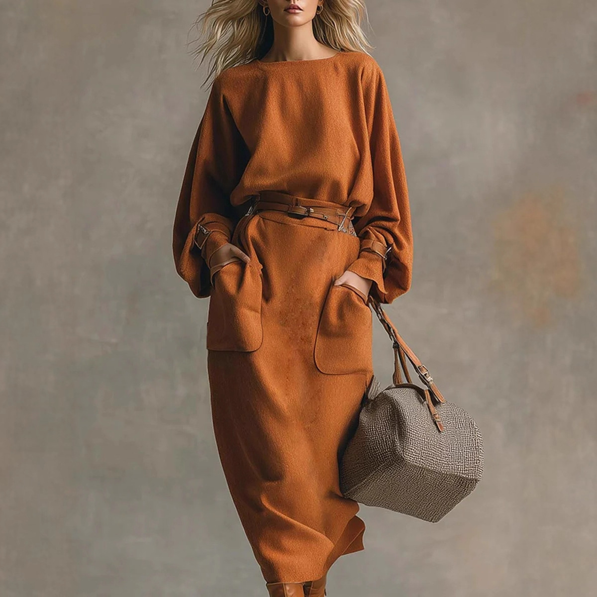 2025 European and American Clothing Amazon Loose Casual Autumn and Winter New Round Neck Long-Sleeved Top + Flap Pocket Pants Skirt