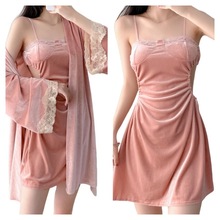 秋冬性感睡衣女金丝绒吊带睡裙睡袍两件套装蕾丝美背带胸垫家居服