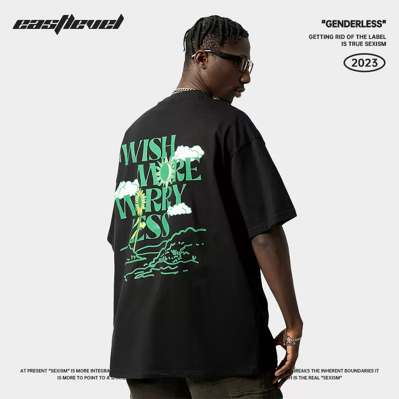 欧美高街重磅短袖男t恤潮牌中性风宽松大码小领口纯棉体恤衫情侣