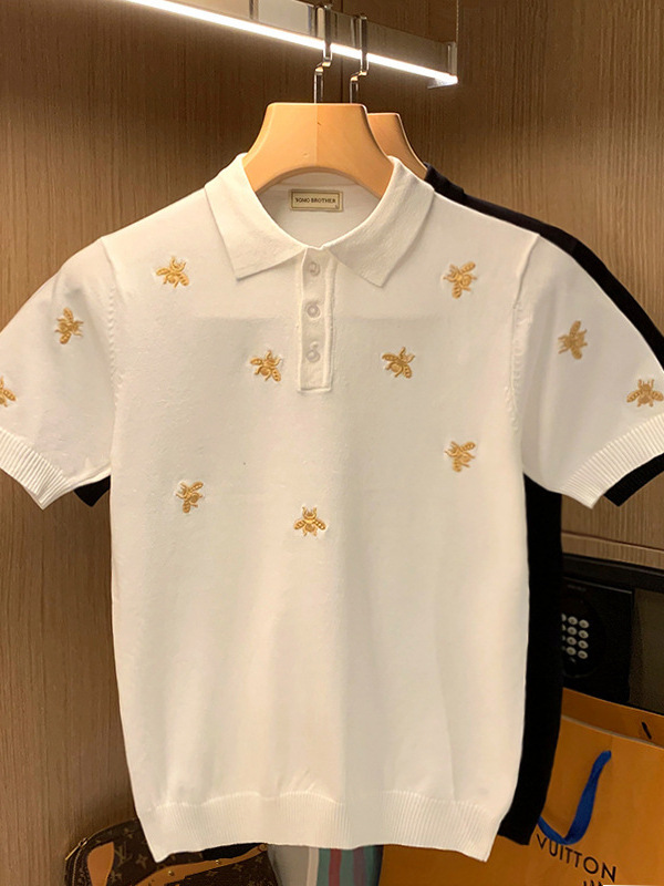 European Station Trendy Knitted Short-sleeved Men's Summer Trendy Brand Personalized Bee Embroidery Light Luxury Round Neck T-shirt for Men
