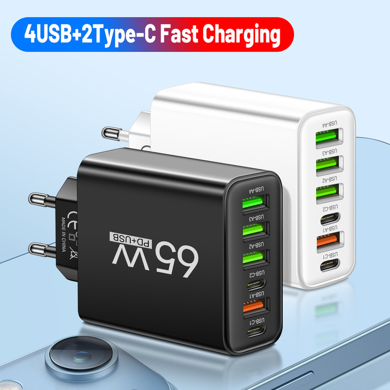 Standard 65W 3.1A Multi-Interface Mobile Phone Charger 2Type-C Pd+4Usb Travel Charger Charging Head Wholesale Standard 65W 3.1A Multi-Interface Mobile Phone Charger 2Type-C Pd+4Usb Travel Charger Charging Head Wholesale