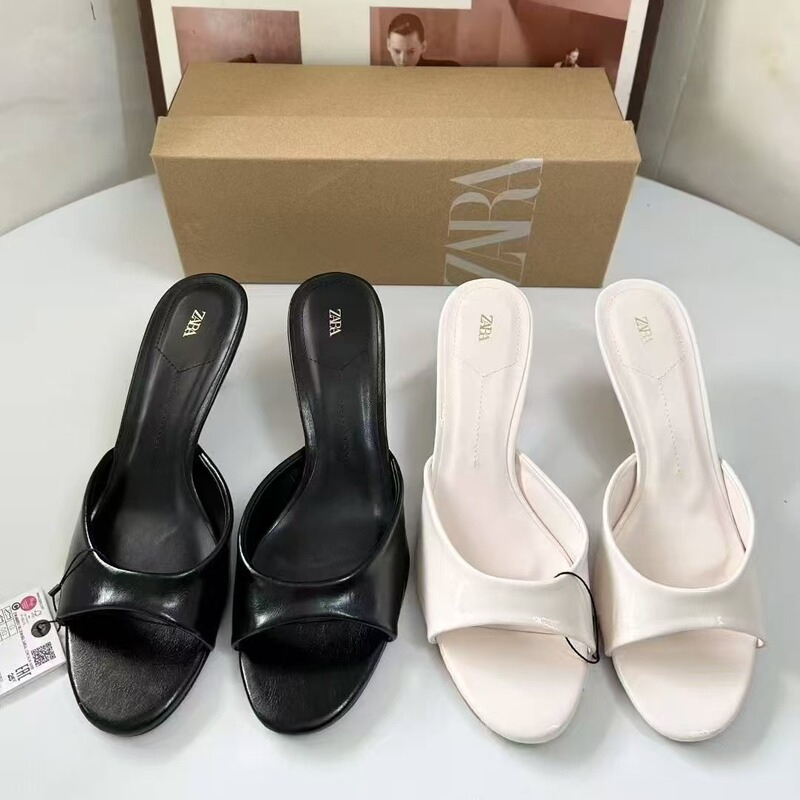 Za2025 New Summer Women's Shoes Patent Leather Effect Mule Shoes High-Heeled Sandals Women's Stiletto Heel Slippers for Outer Wear