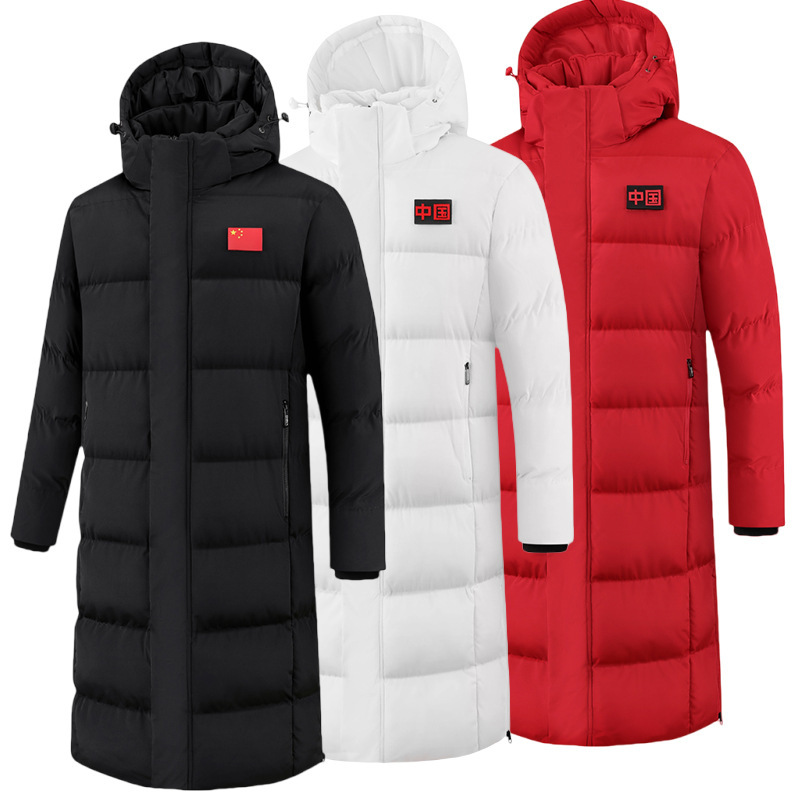 Chinese Team Sports Coat, Long Over-The-Knee Style, Sports Student Cotton Jacket, Winter Training Uniform, Winter Training Team Cotton Jacket