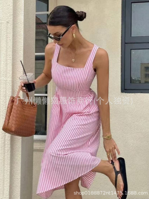 2025新款欧美跨境亚马逊女士条纹无袖时尚休闲连衣裙|undefined