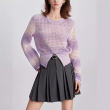 ELLE紫色设计感渐变圆领镂空毛衣女2024夏季新款宽松拉链毛针织衫