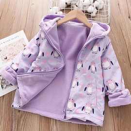 洋气童装秋款儿童女童双层加绒外套冲锋衣宝宝中小童卡通拉链衫潮
