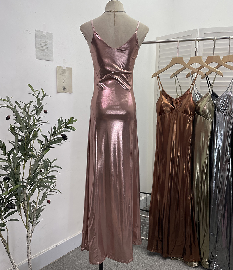 Sexy Liquid Metal Color Sling Dress with Chest Pad Dress