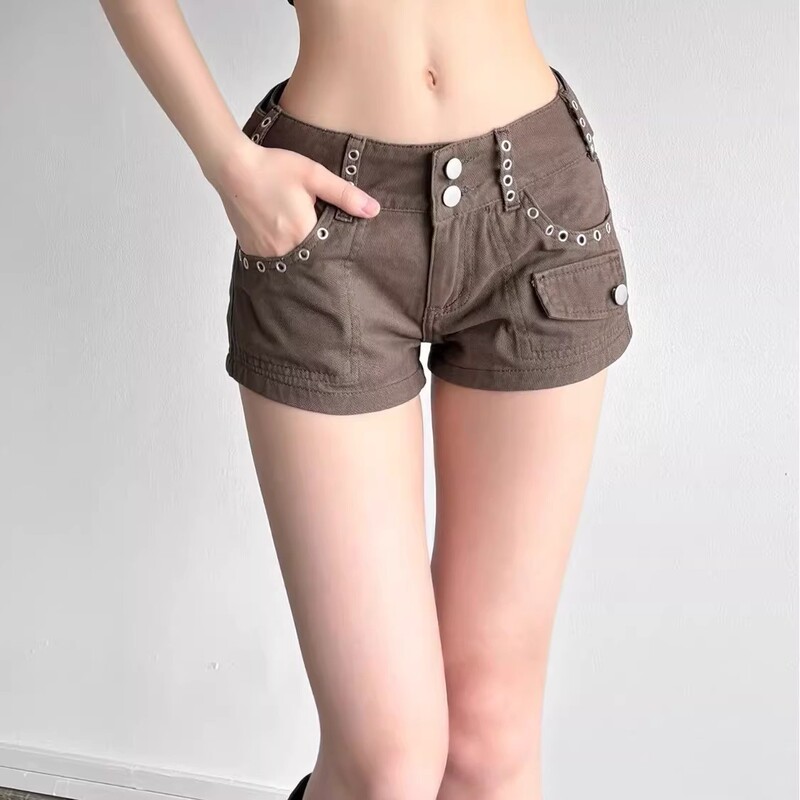 American Retro Brown Metal Rivet-Decorated Low-Waist Jeans for Women, New Summer Style Hot Girl Style Sexy Shorts