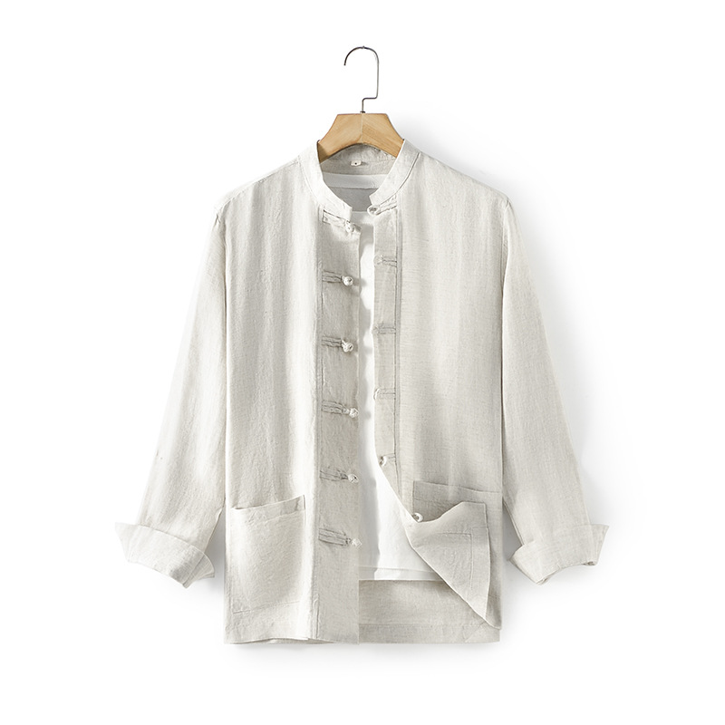 Primavera 2024 hombres de lino estilo nacional camisa suelta retro hebilla chino stand collar manga larga E009