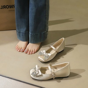 836-H107 French Sweet Wind Satin High Grade Bow Water Diamond Round Head Straight Belt with Inner Height Increase Single