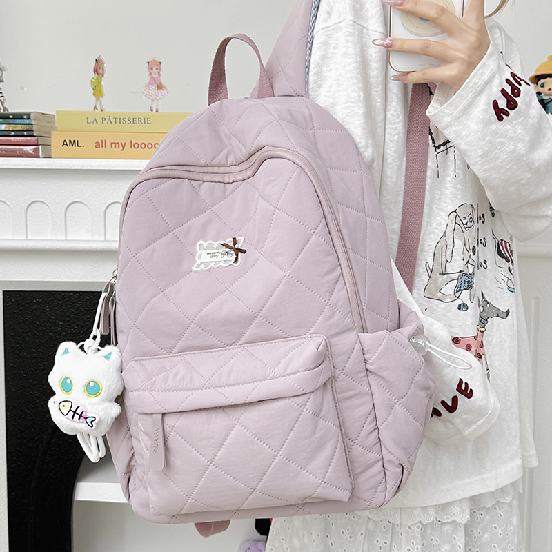 Japanese-Style Ins Simple Mori-Style Fluffy White Cotton Quilted Backpack Autumn and Winter New Cute Bow Backpack
