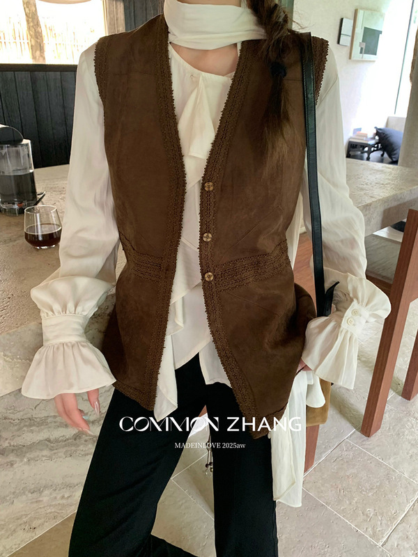 CZ ZHANG秋美式复古废土风中长款绣花马甲女绑带休闲外套B37660|undefined