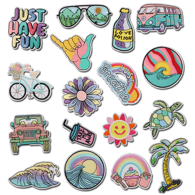 Summer Bike Embroidery Cloth Sticker Turtle Coconut Tree Holiday Embroidery Car Patches Sticker