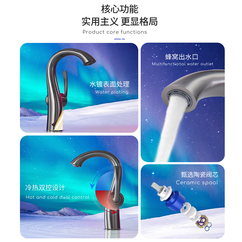 Grifo de cobre para lavabo de baño, color gris bronce, con doble manija para agua fría y caliente, ecológico.