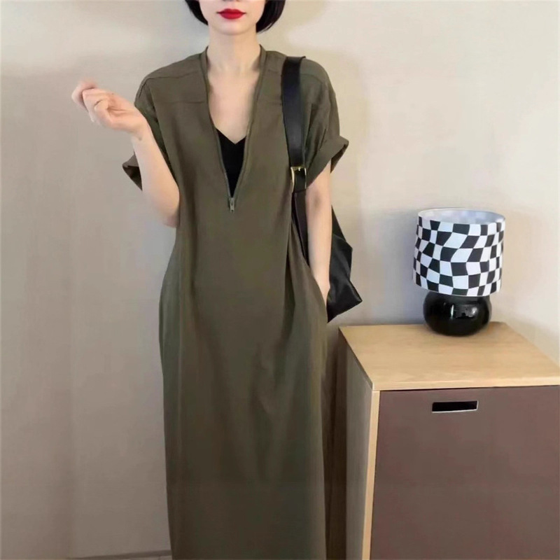 Zipper Large Size Retro Hepburn Zipper Long Dress Women's Summer Versatile Skirt Loose Slimming Belly-Covering Long Skirt