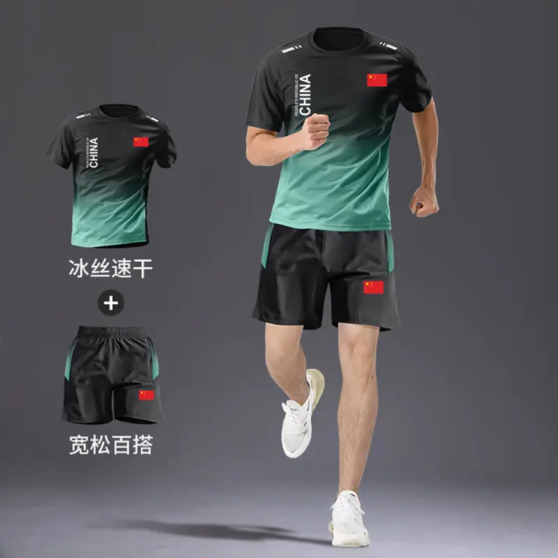 中国チームメンズスポーツスーツツーピース速乾性卓球カジュアル半袖5点パンツランニングフィットネススーツ|undefined