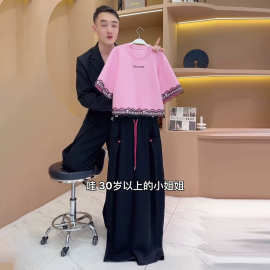 欧货粉色休闲运动套装女夏季2025新款洋气蕾丝花边短袖两件套显瘦