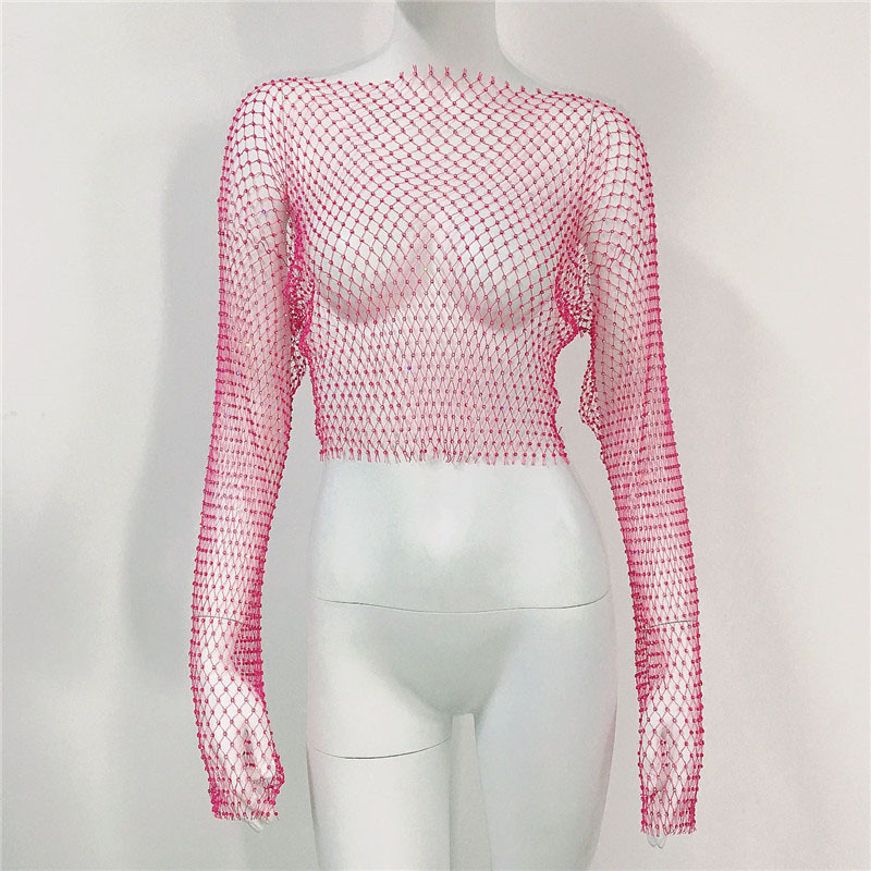 De Europa y América transfronteriza de las mujeres calientes de malla de diamantes de imitación red de pesca de manga larga Sexy Slim rhinestone Top party chica caliente de manga larga