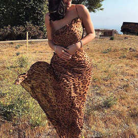 亚马逊欧美跨境时尚女装吊带漏背豹纹透明印花修身礼服连衣裙子女