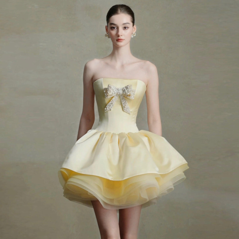 Short Evening Gown for Petite Women, French-Style Bridal Robe, Toast Dress, Sweet Strapless Short Dress for Socialites and Princesses