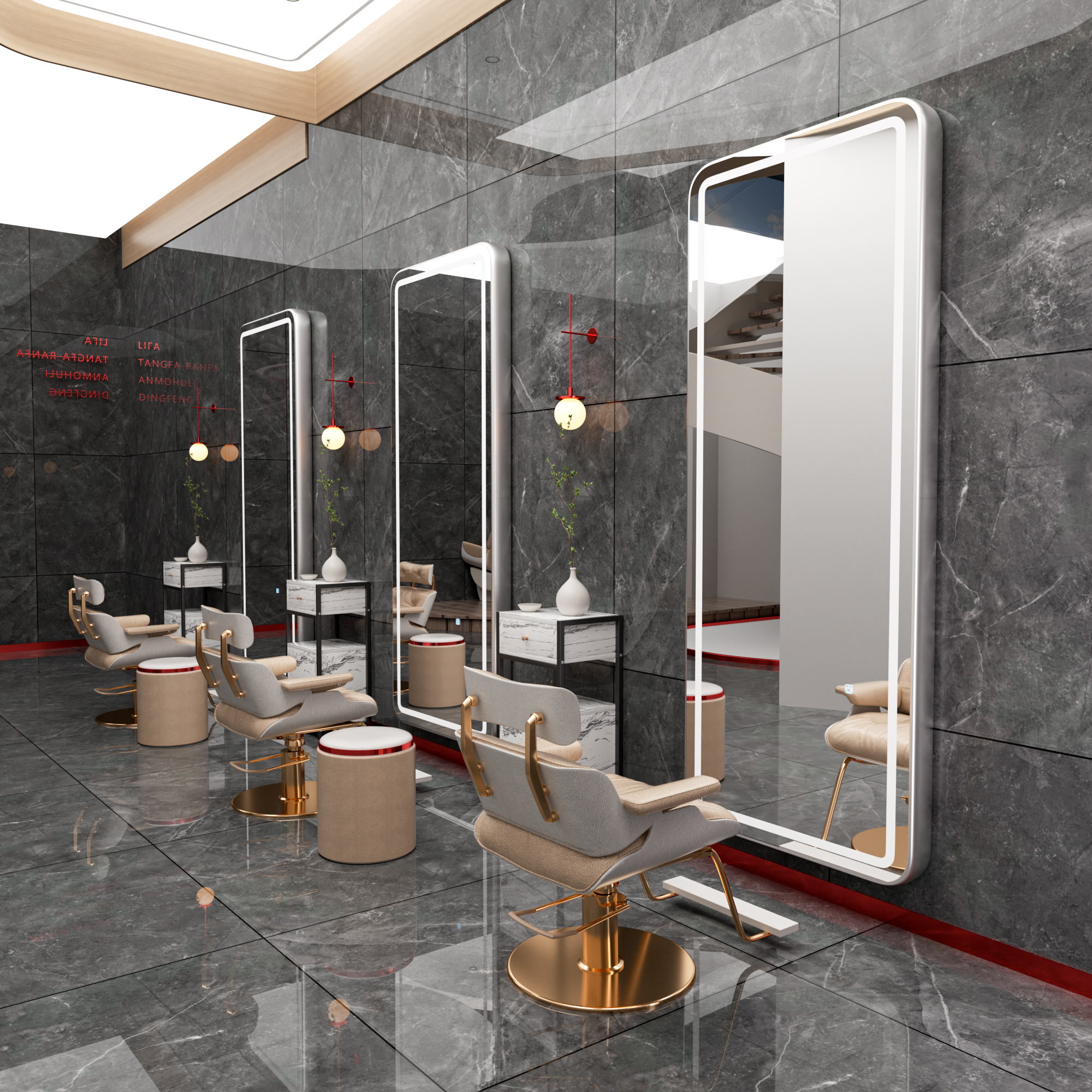 Barbería en línea espejo tabla de espejo salón de peluquería con espejo de suelo lámpara LED hormigón teñido pared tipo salón de peluquería