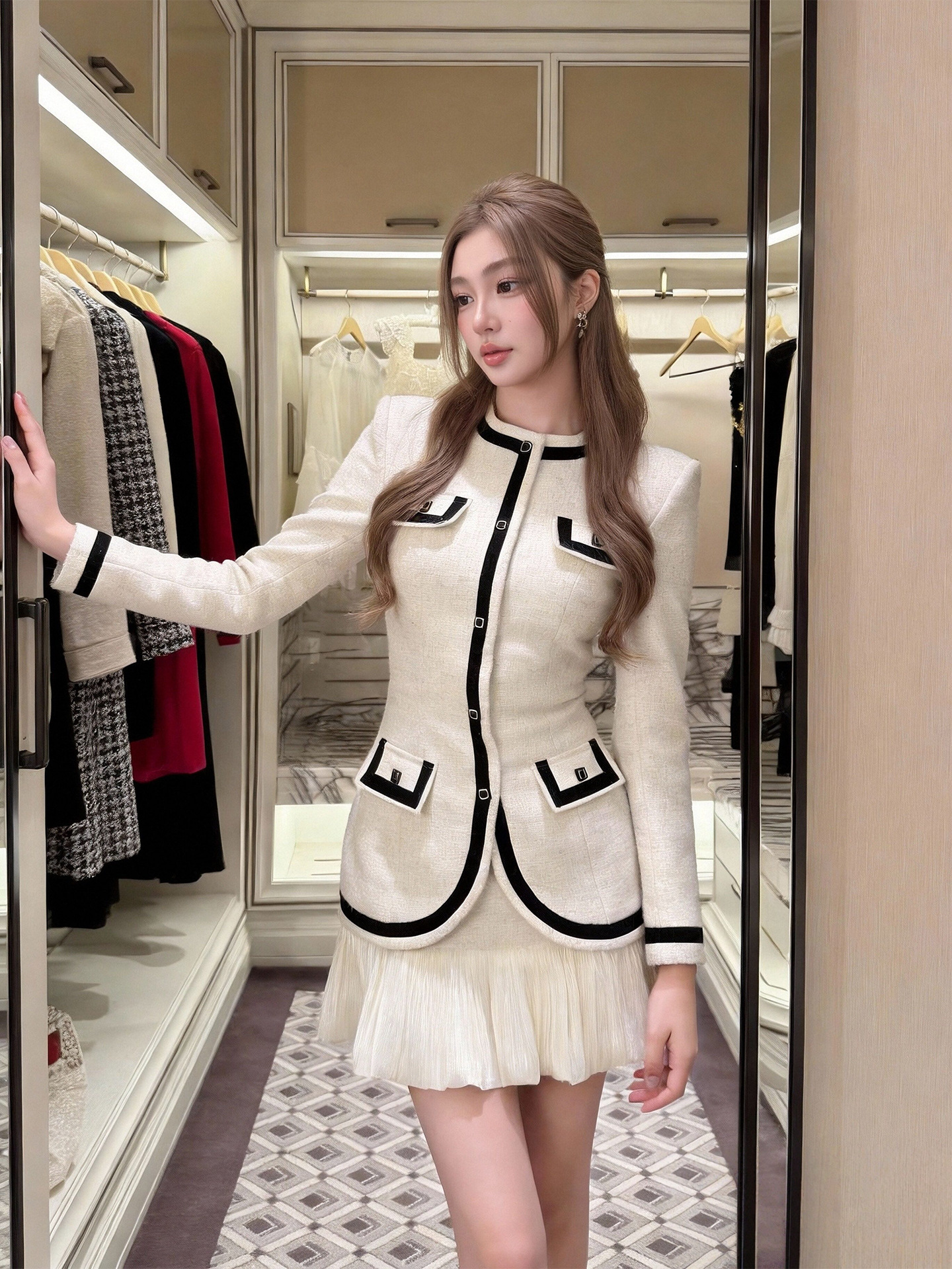 Đầm ôm body nữ cổ tròn phối màu chắp vá kiểu Pháp — màu mơ