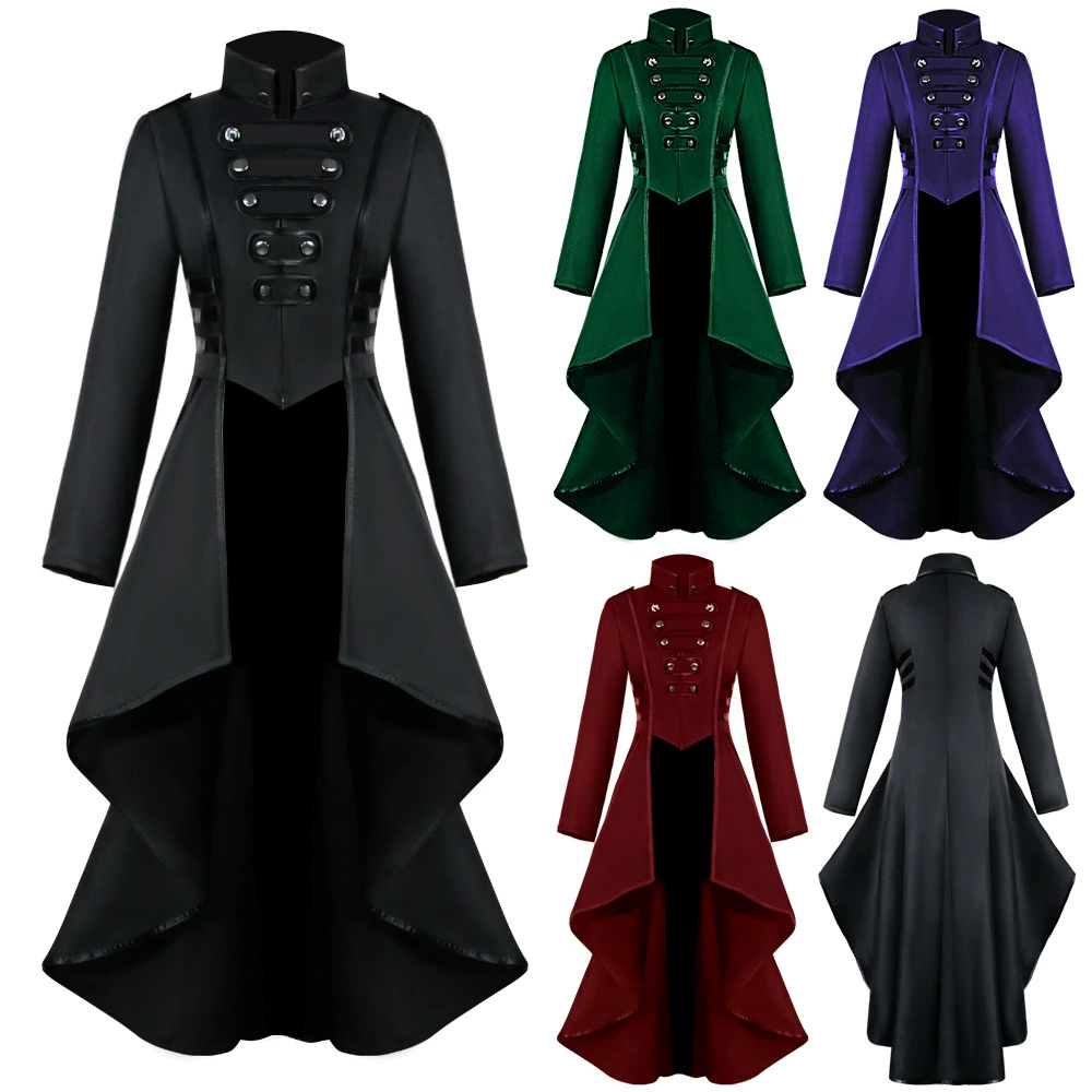 Evening Dress European Style, Long Sleeve High-Low Hem with Military Button Detail, Multi-Color