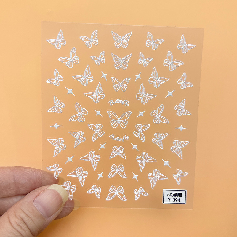 グラデーションスマッジフレンチマニキュアステッカー 5d エンボスガラス蝶花落書きネイルステッカー立体粘着|undefined