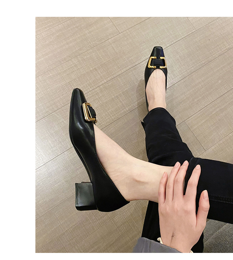 Classic Cowhide Women's Loafers With Mid-heel And Square Toe Design_voghion.com