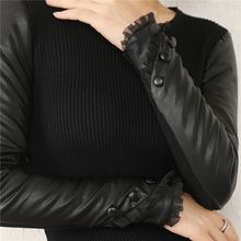 加厚皮袖打底衫女秋冬高领羽绒棉袖针织毛衣搭配皮马甲内搭小衫