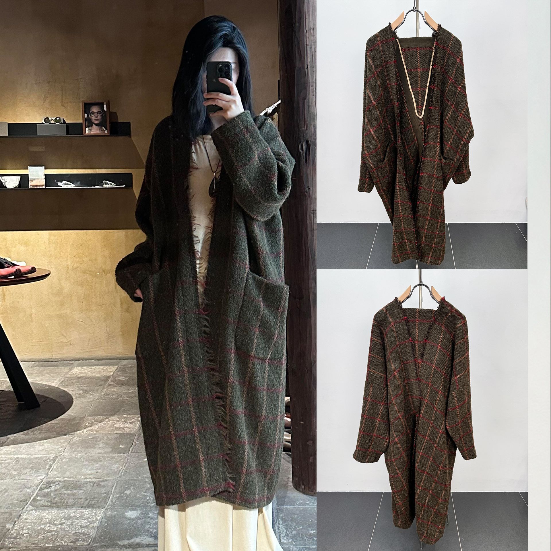 In Stock! Autumn and Winter New Retro Plaid V Neck Tassel Edge Wool Hobo Coat Uma Style Lazy Jacket